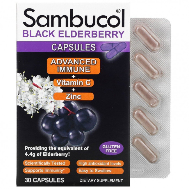 Sambucol, капсулы черной бузины с комплексом Advanced Immune, витамином C и цинком, 30 капсул